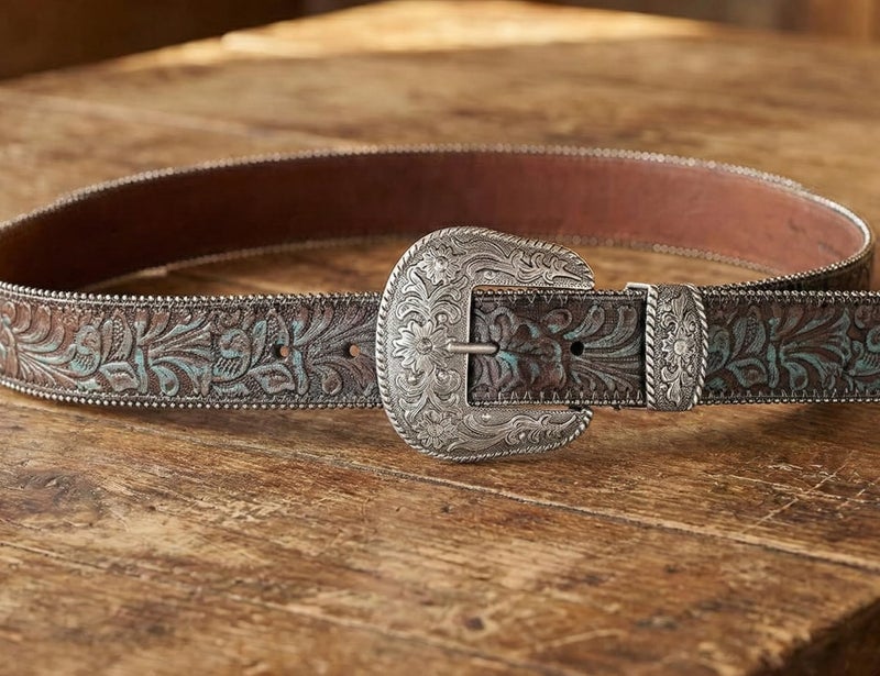 BC Belts Western Scroll Buckle with Turquoise Tinted Embossed Brown Leather Belt (XL) - Image 3